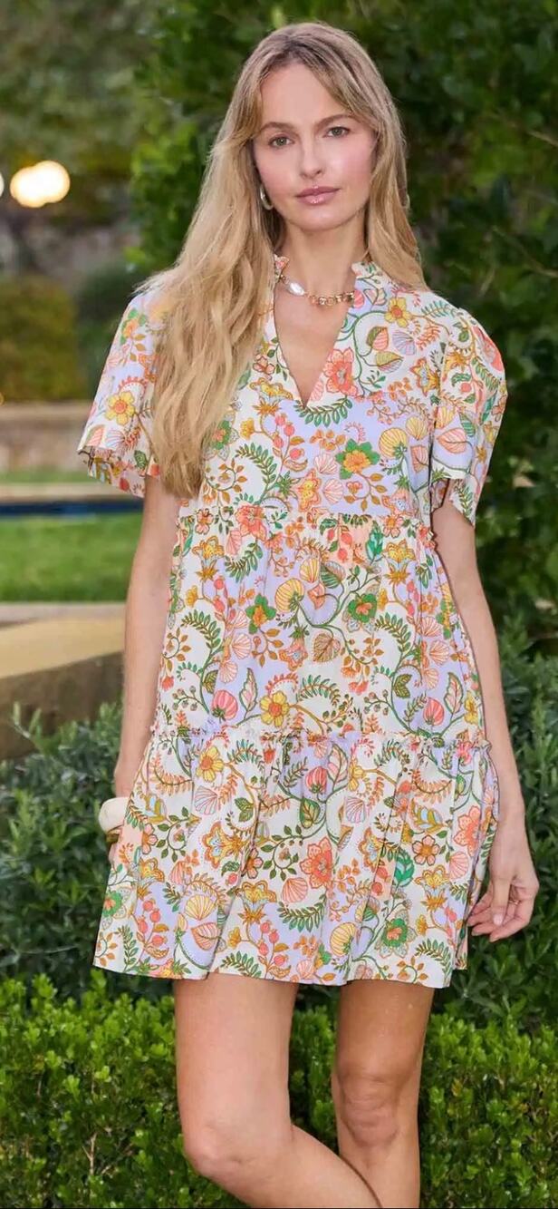 Avara Mini Dress 100% Cotton Pink Floral Tiered Short Sleeve size XL